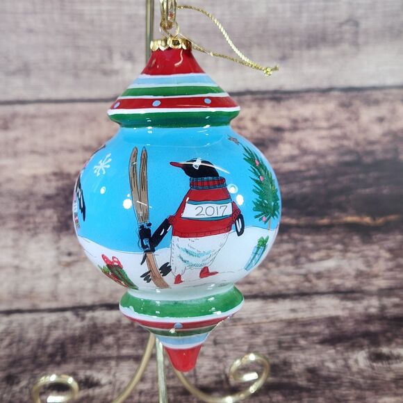 Penguins Christmas Ornament Li Bien Reverse Hand Painted Pier 1 One 2017 w Box - Picture 7 of 13